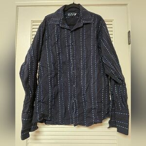 Lanzino - Men's 100% Cotton Black & Blue Long-Sleeve Button-Up Shirt